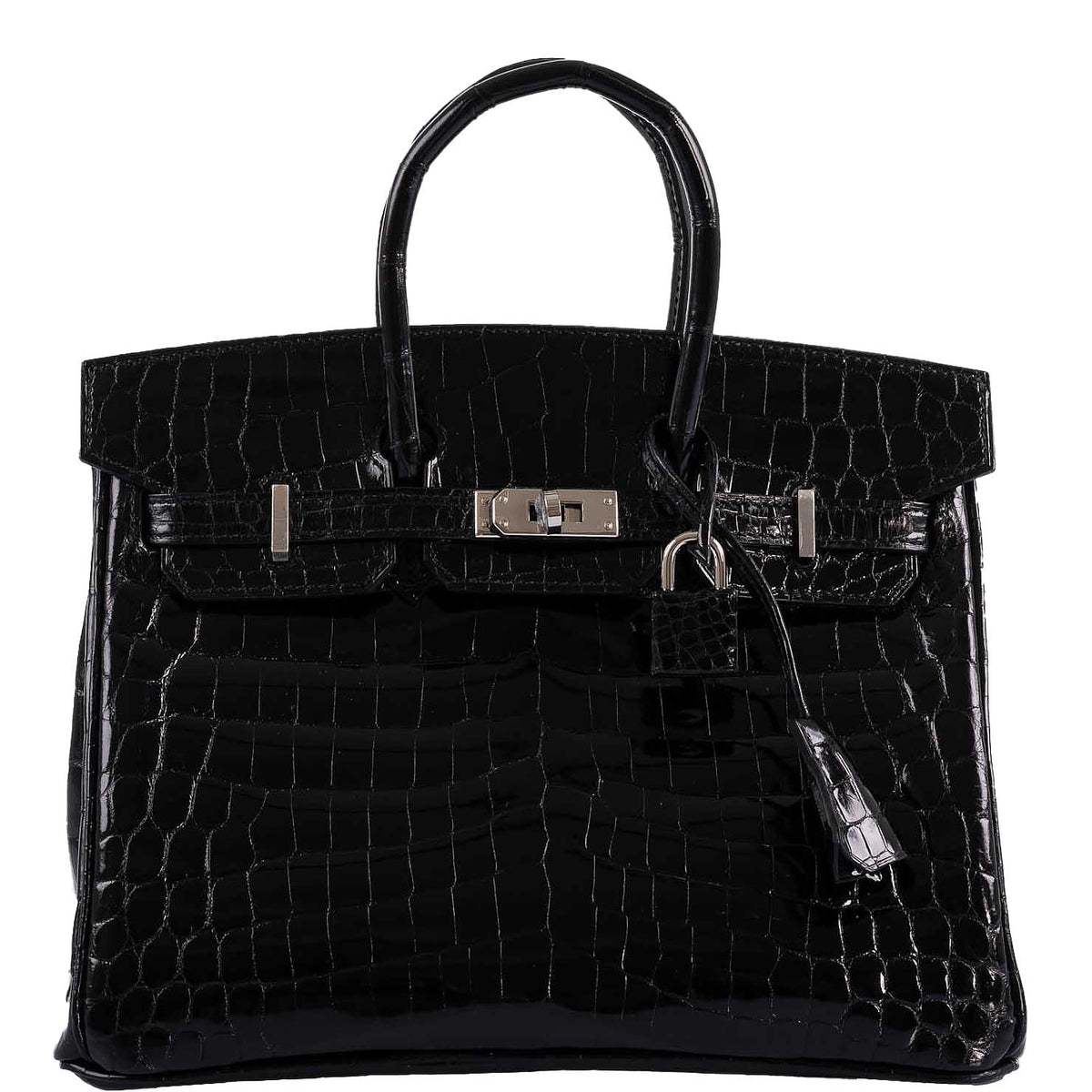 Front view of Birkin 25 in shiny black crocodile leather