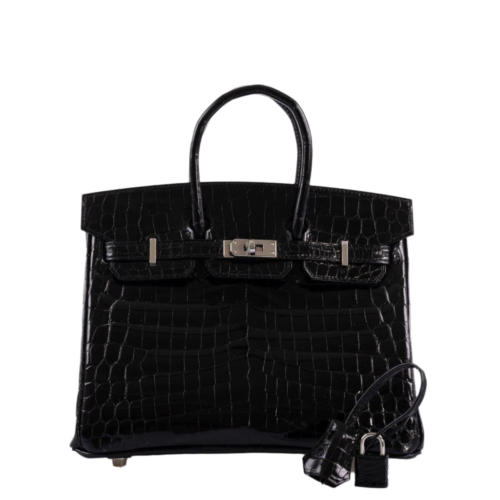 Lifestyle image featuring shiny black crocodile Birkin 25
