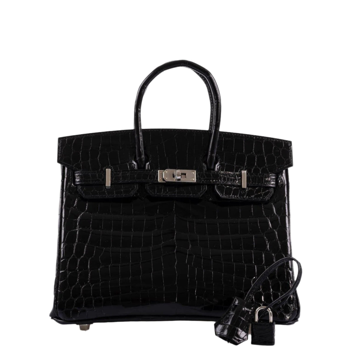 Lifestyle image featuring shiny black crocodile Birkin 25