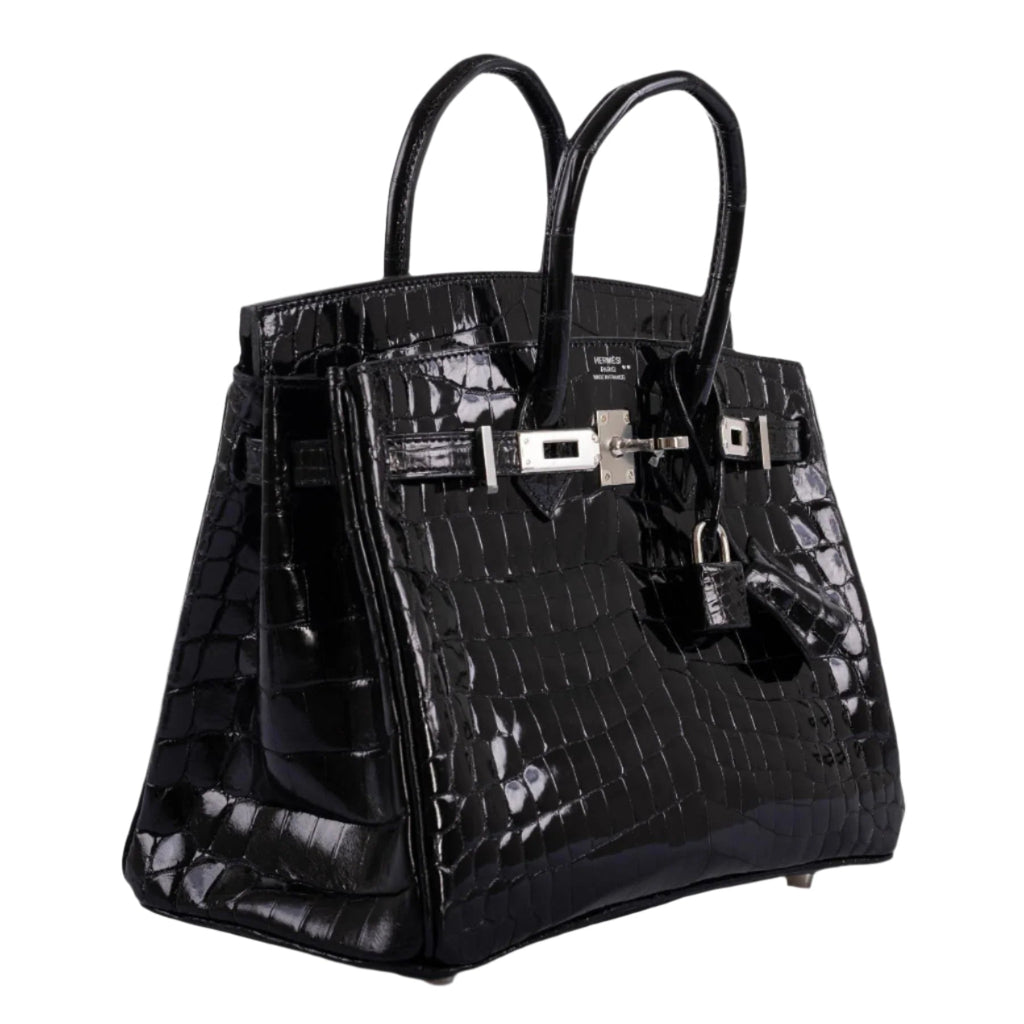 Front view of Birkin 25 in shiny black Niloticus crocodile leather

