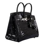 Front view of Birkin 25 in shiny black Niloticus crocodile leather

