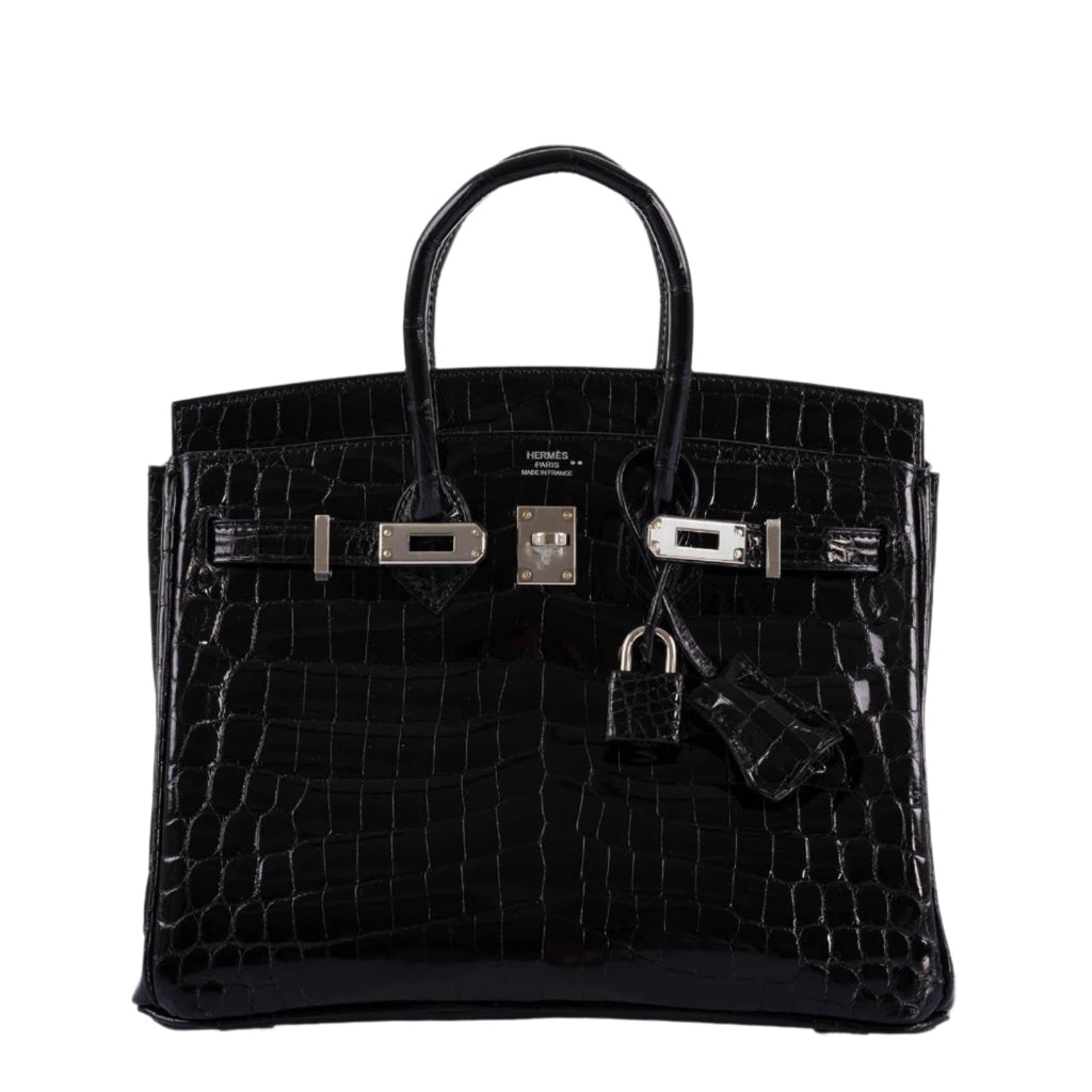 Side profile of Hermes Birkin 25 shiny black crocodile handbag