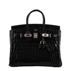 Side profile of Hermes Birkin 25 shiny black crocodile handbag