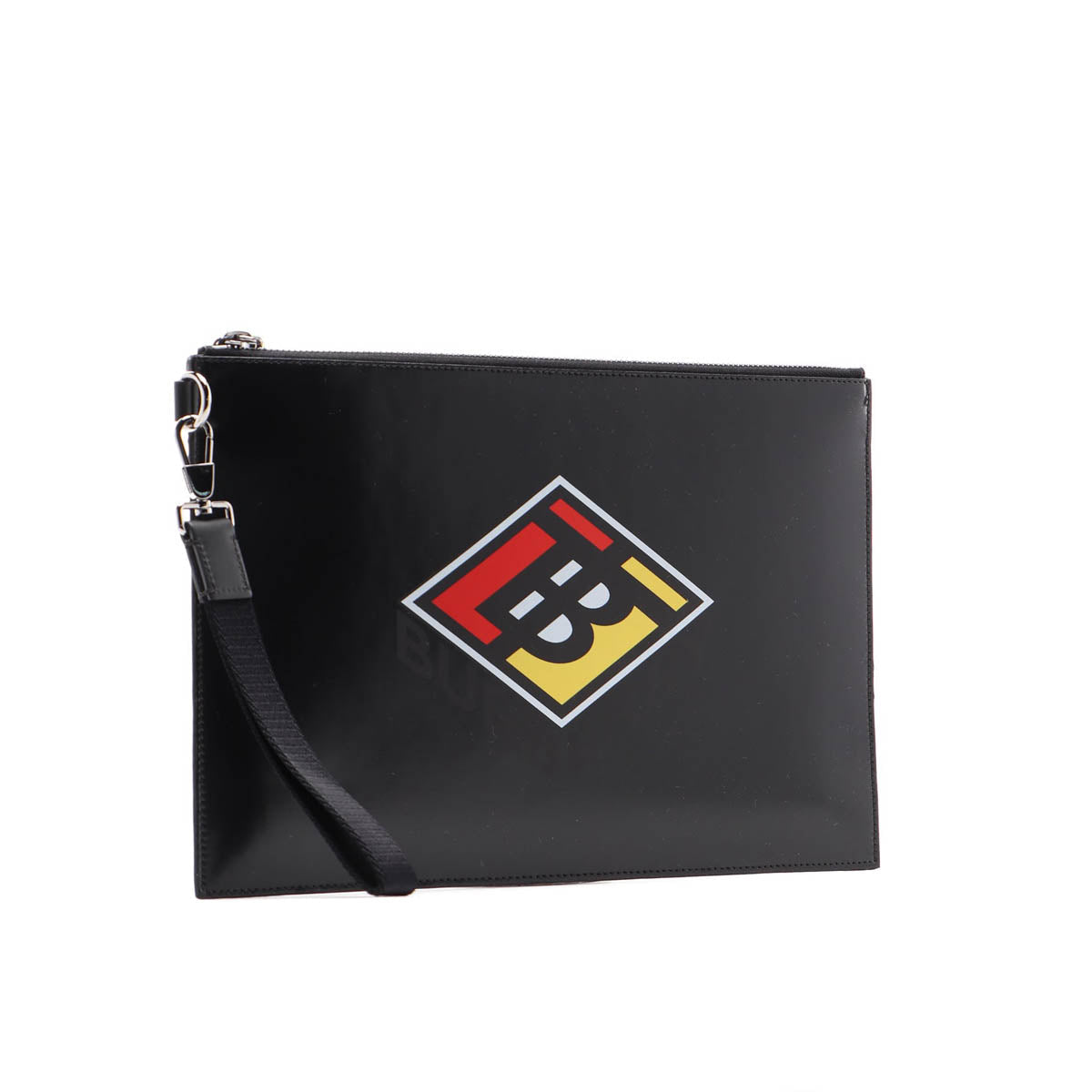 Gucci Burberry Logo Print Leather Clutch Pouch - Black in Black - side view showing the bag's shape, finish and visible design details.