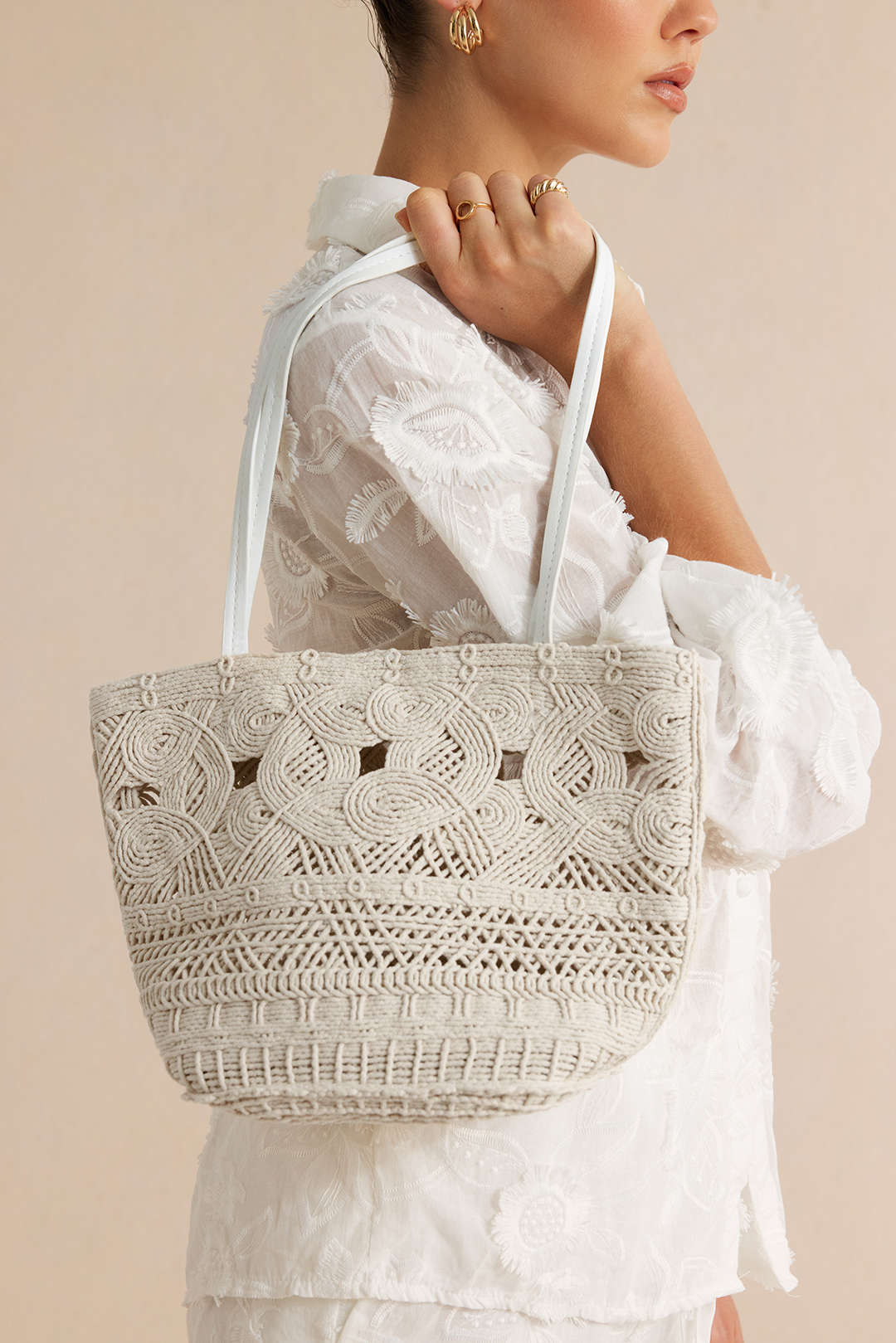 Bags End Ivory Woven Cut Out Shoulder Tote Bag