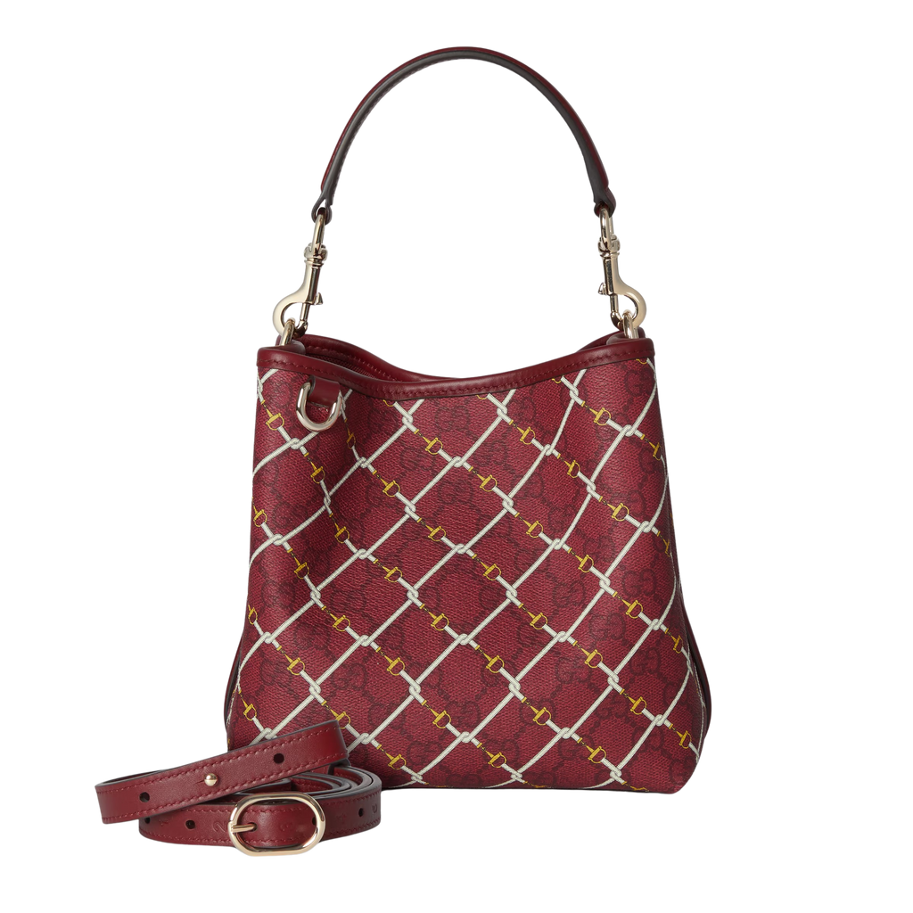 Gucci Emblem Small Bucket Bag - Red in Red - front view showing the bag's shape, material finish and visible design details.