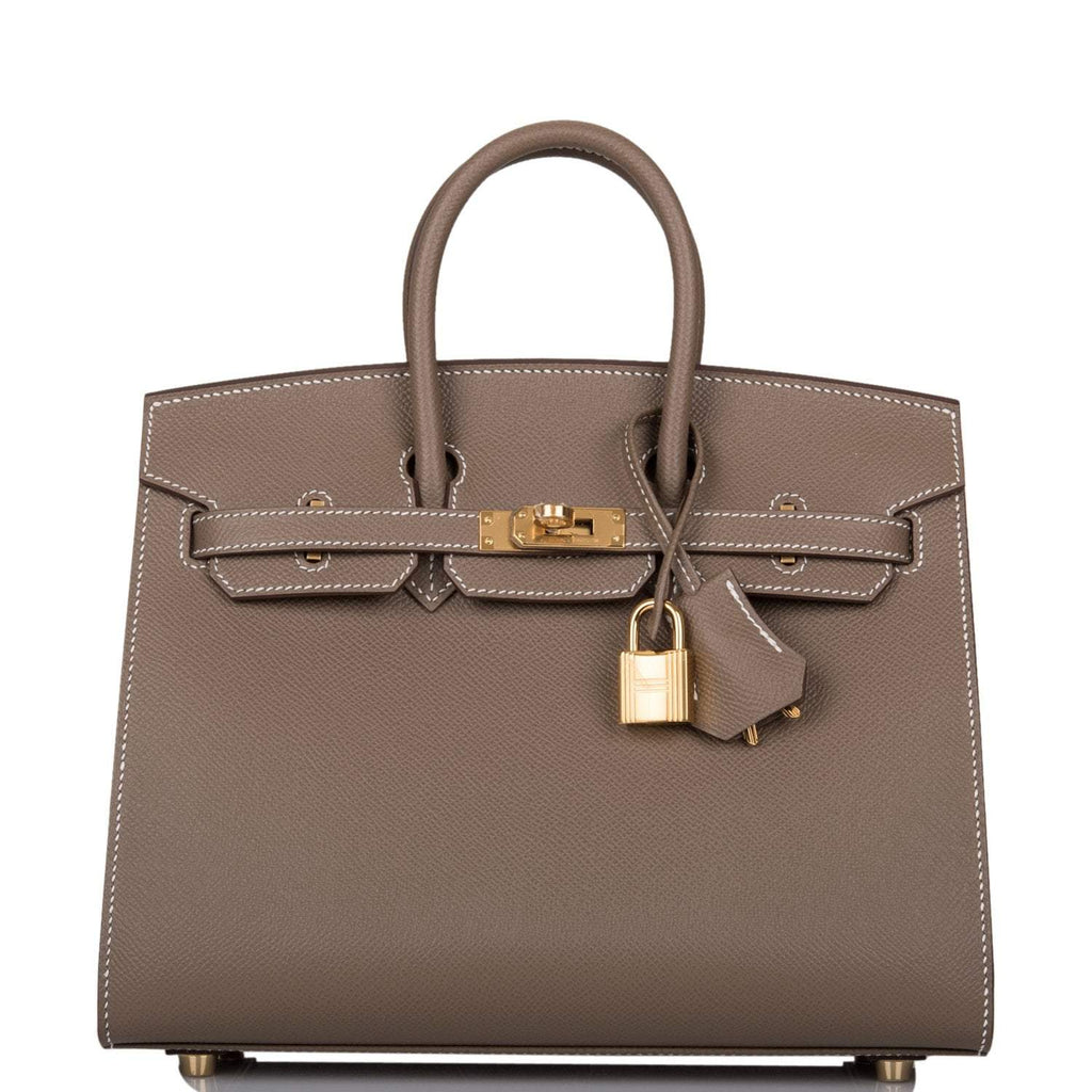 Front view of Hermès Birkin Sellier 25 Etoupe Epsom with Gold hardware