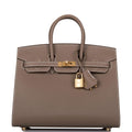Front view of Hermès Birkin Sellier 25 Etoupe Epsom with Gold hardware