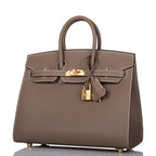 left view of Hermès Birkin Sellier 25 Etoupe Epsom with Gold hardware