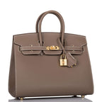 right view of Hermès Birkin Sellier 25 Etoupe Epsom with Gold hardware