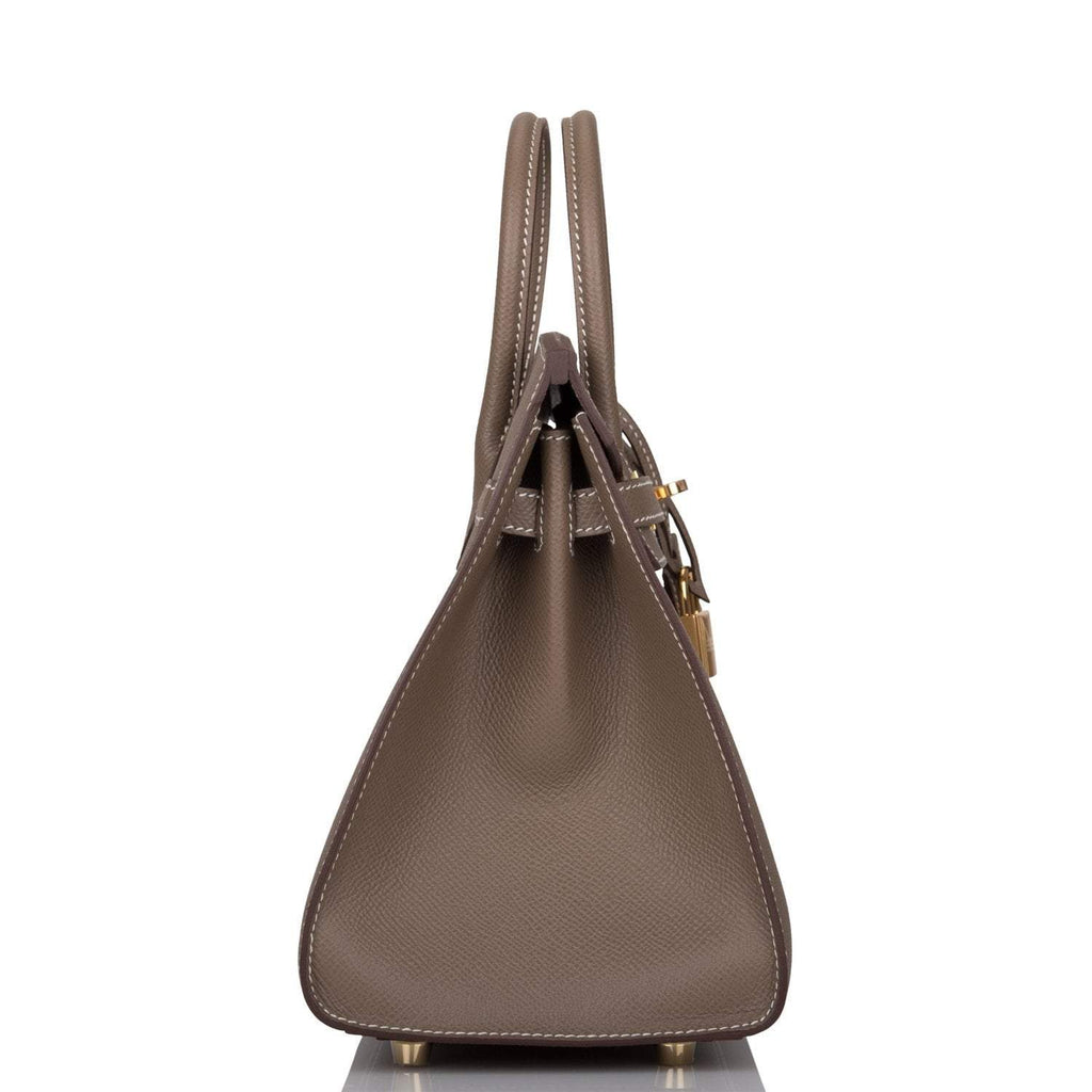 side view of Hermès Birkin Sellier 25 Etoupe Epsom with Gold hardware