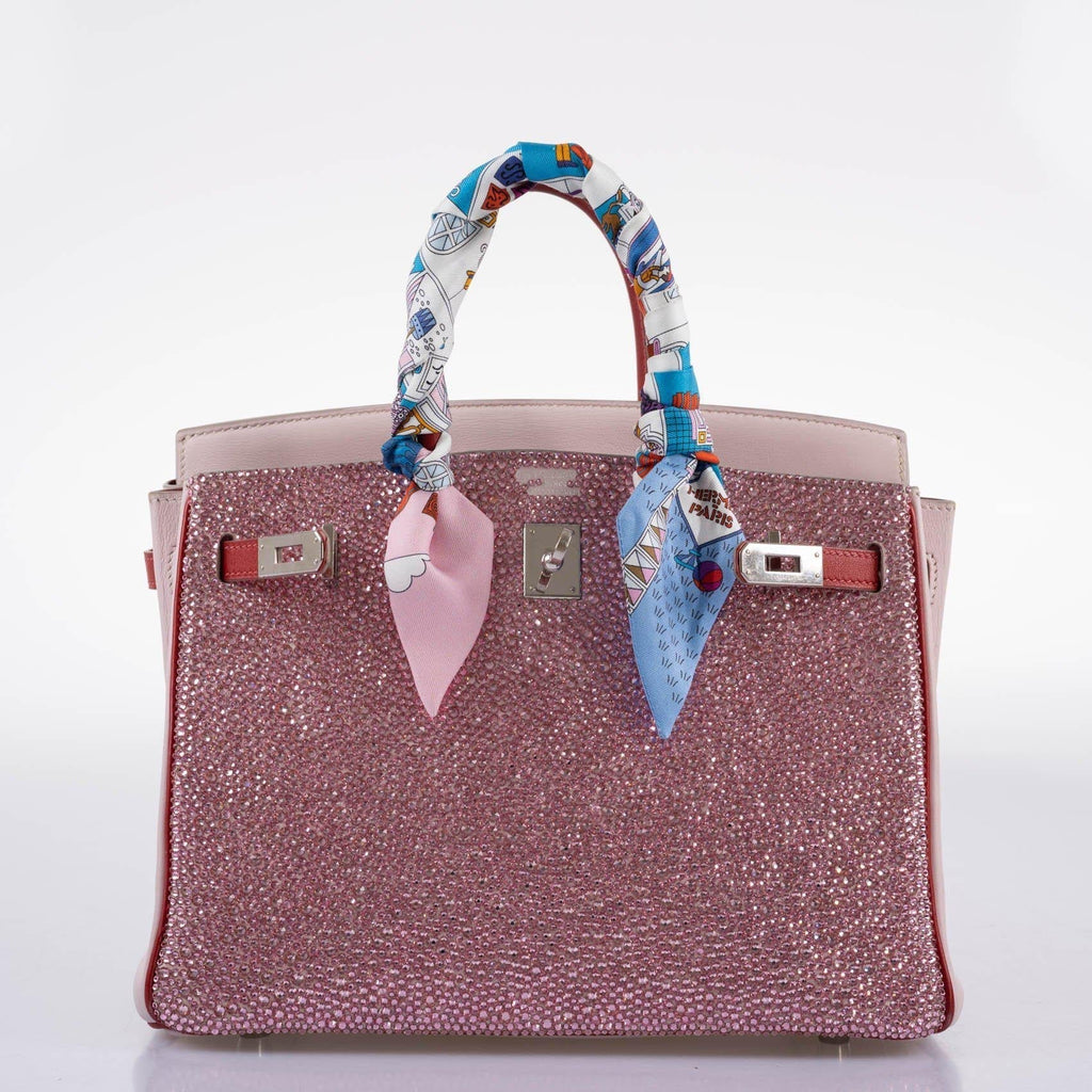 Front view of Hermes Birkin 25 in Rose Dragee with crystal accents
