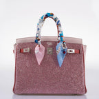 Front view of Hermes Birkin 25 in Rose Dragee with crystal accents