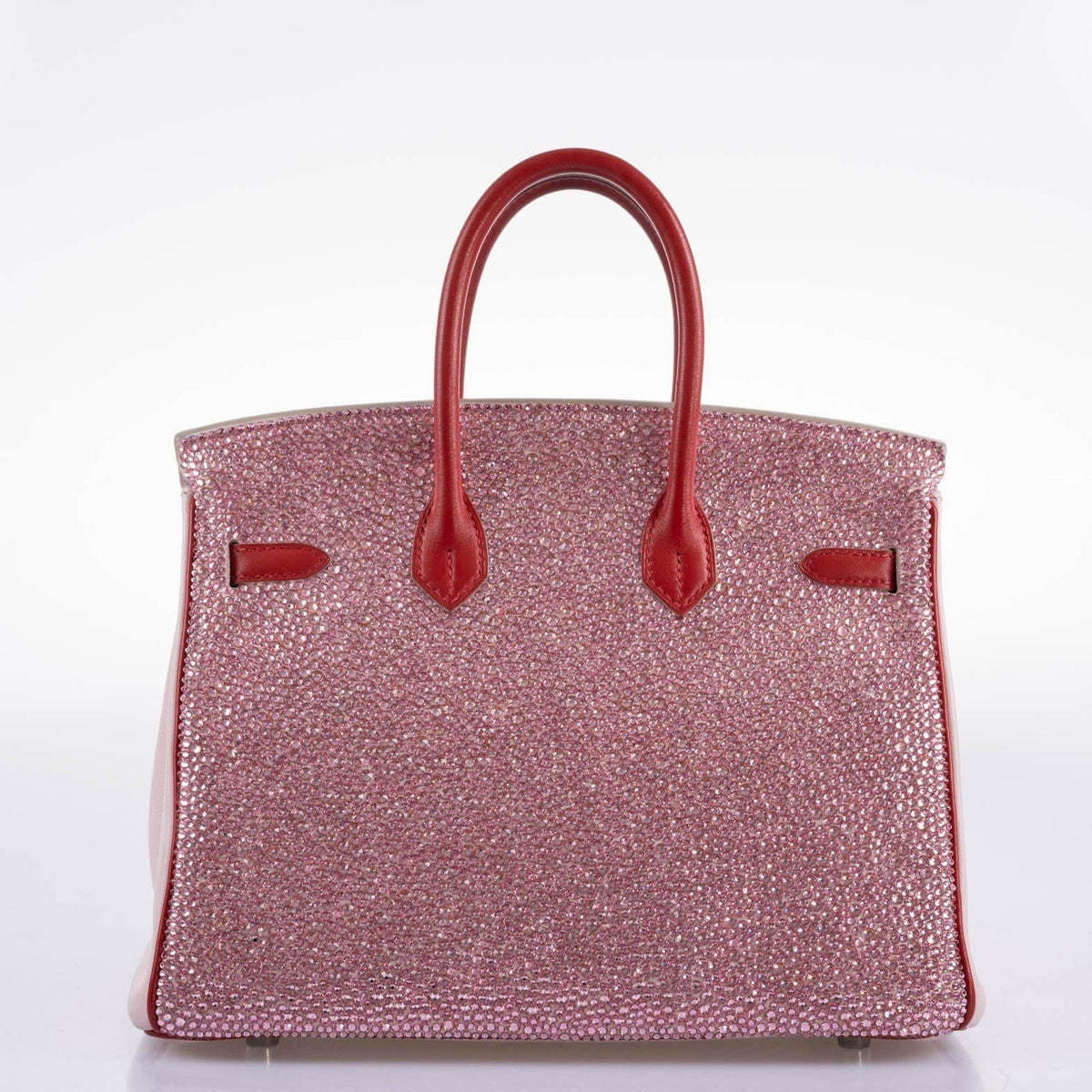 Stitching detail on Rouge Tomate handle of Hermes Birkin 25