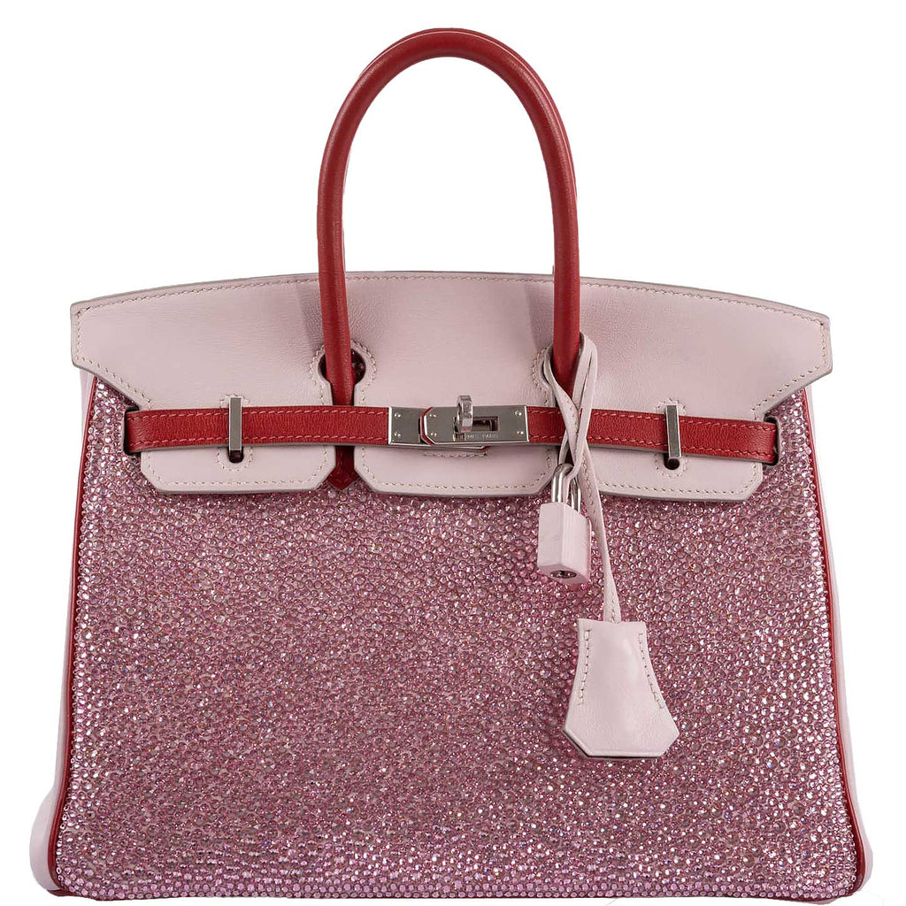 Side angle showing two-tone Rouge Tomate and Rose Dragee leather
