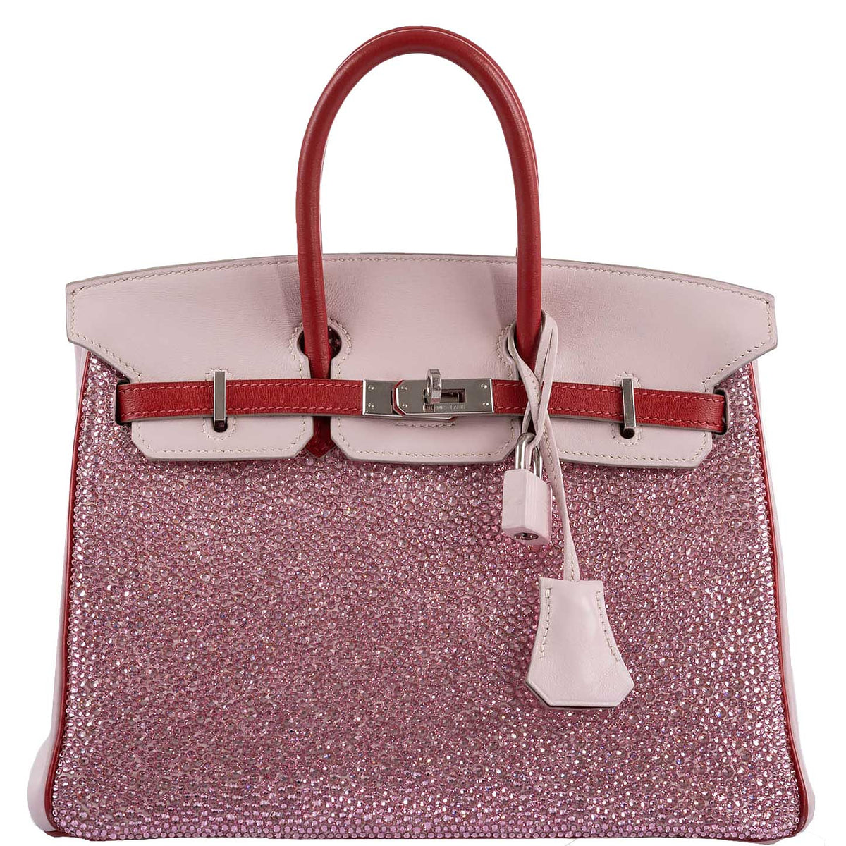 Side angle showing two-tone Rouge Tomate and Rose Dragee leather