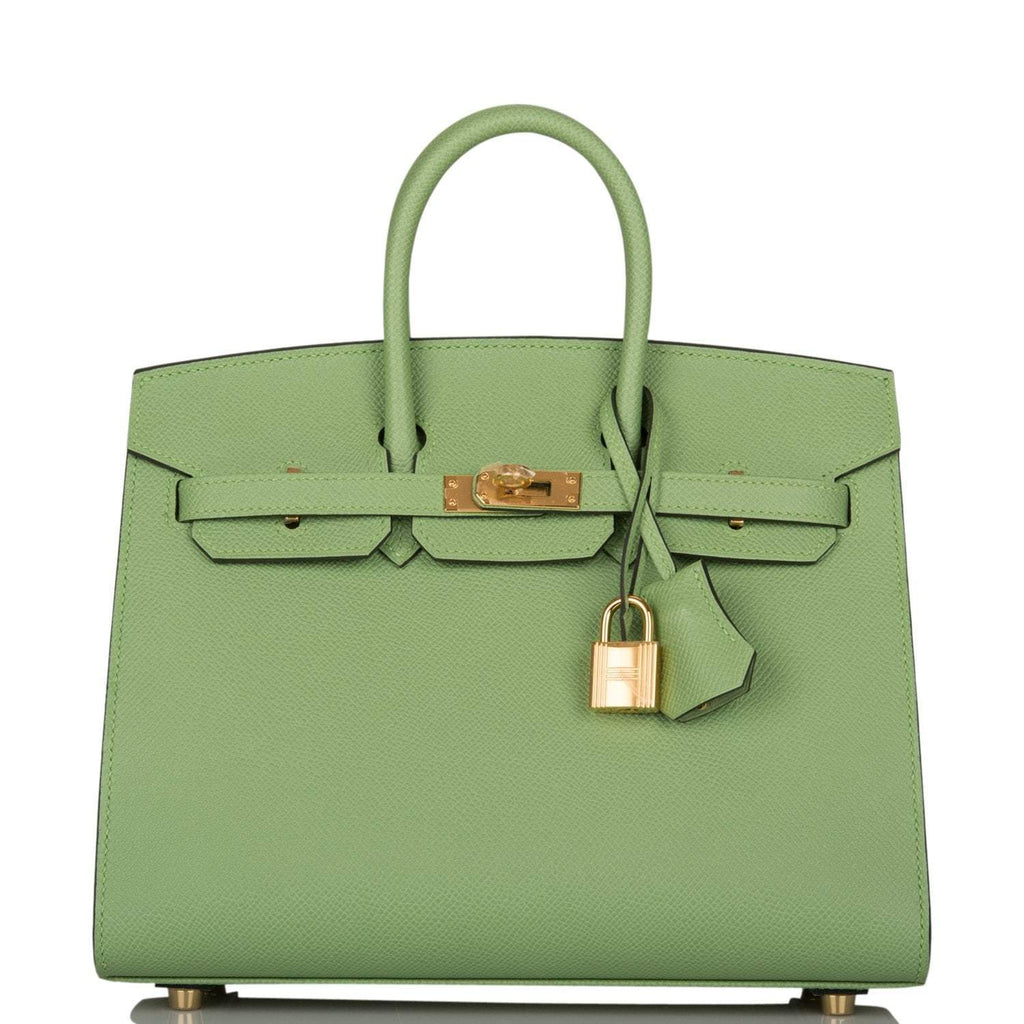 Front view of Hermes Birkin 25 Vert Criquet Epsom with Gold hardware