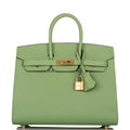 Front view of Hermes Birkin 25 Vert Criquet Epsom with Gold hardware