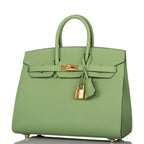 left view of Hermes Birkin 25 Vert Criquet Epsom with Gold hardware