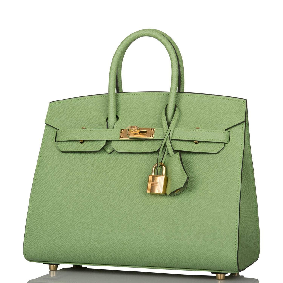 left view of Hermes Birkin 25 Vert Criquet Epsom with Gold hardware