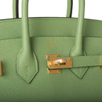 lock view of Hermes Birkin 25 Vert Criquet Epsom with Gold hardware