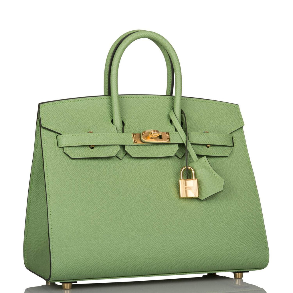 right view of Hermes Birkin 25 Vert Criquet Epsom with Gold hardware