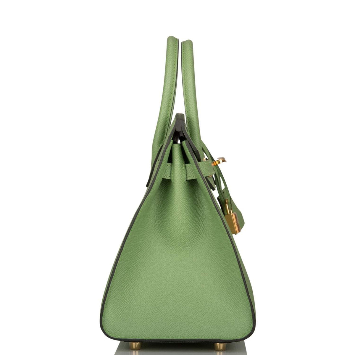 side view of Hermes Birkin 25 Vert Criquet Epsom with Gold hardware