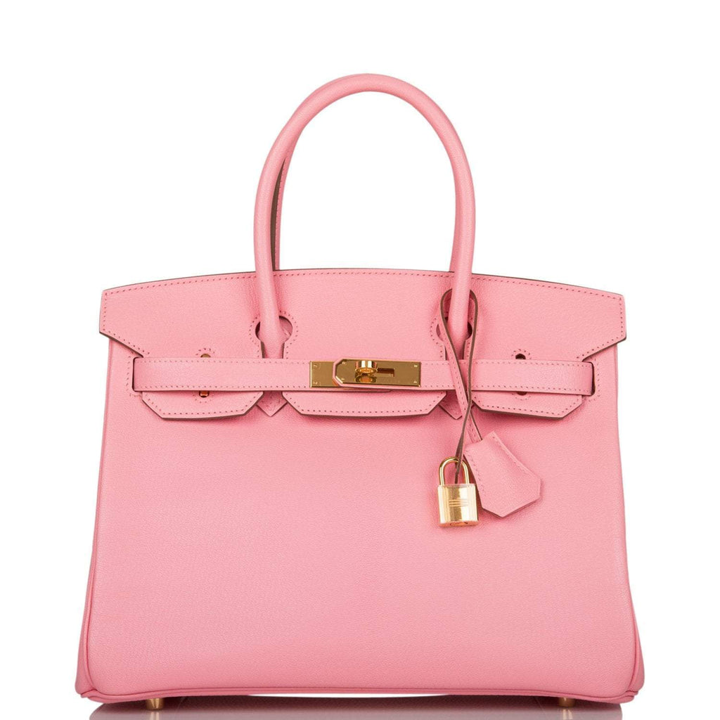 Hermes Birkin 30 handbag in Rose Confetti Chevre leather with gold hardware.
