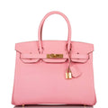 Hermes Birkin 30 handbag in Rose Confetti Chevre leather with gold hardware.