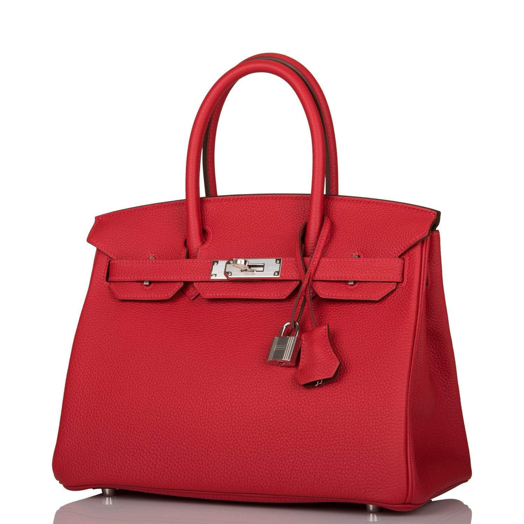 Side profile of Hermes Birkin 30cm red with palladium hardware