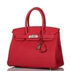 Side profile of Hermes Birkin 30cm red with palladium hardware