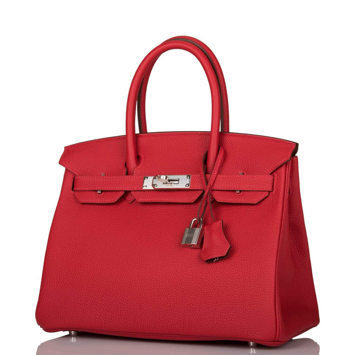 Side profile of Hermes Birkin 30cm red with palladium hardware
