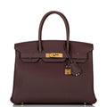 Front view of Hermes Birkin 30 in Rouge Sellier Togo leather
