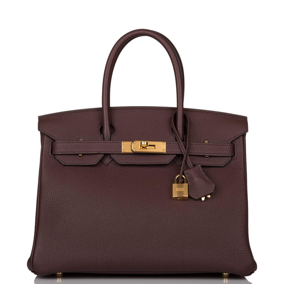 Front view of Hermes Birkin 30 in Rouge Sellier Togo leather