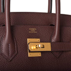 Hermes Birkin 30 styled on model with deep red tone