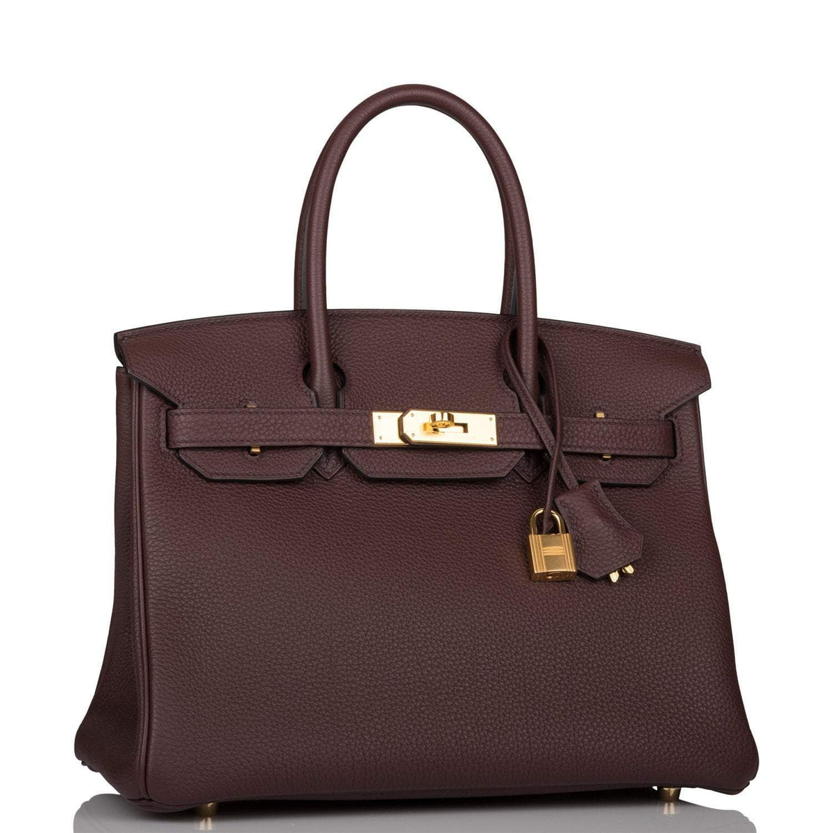 Side profile of Hermes Birkin 30 red bag with gold hardware