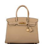 Front view of Hermes Birkin 30cm in Trench Clemence leather