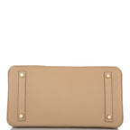 Close-up of gold hardware and turn-lock clasp on Birkin 30