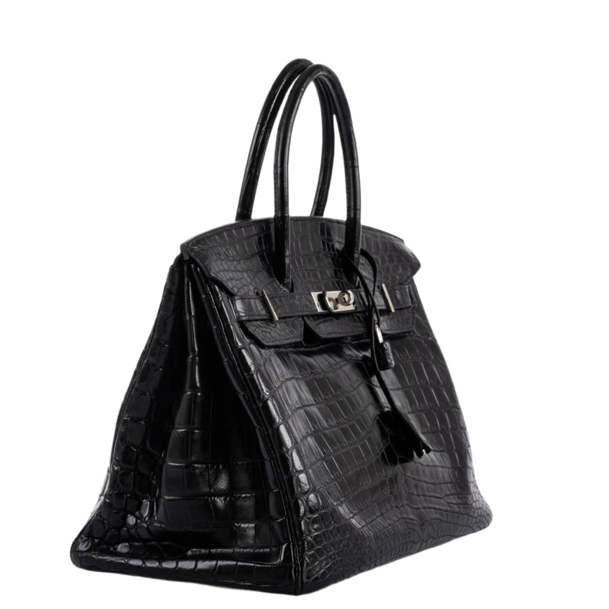 Detail of double rolled top handle on crocodile Birkin
