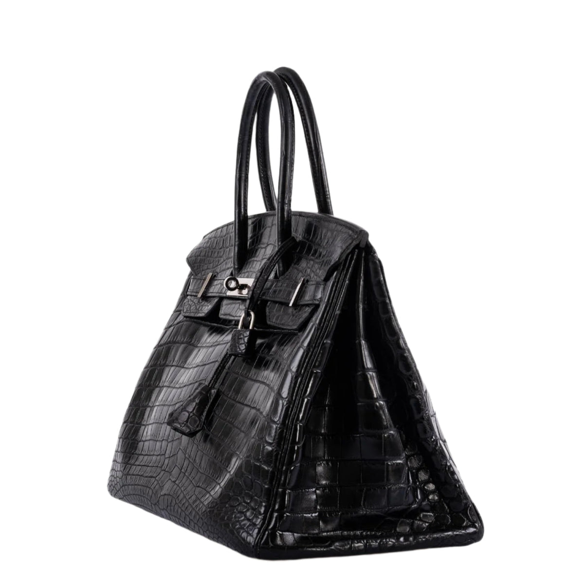 Palladium hardware and lock closure on Birkin 35 matte crocodile

