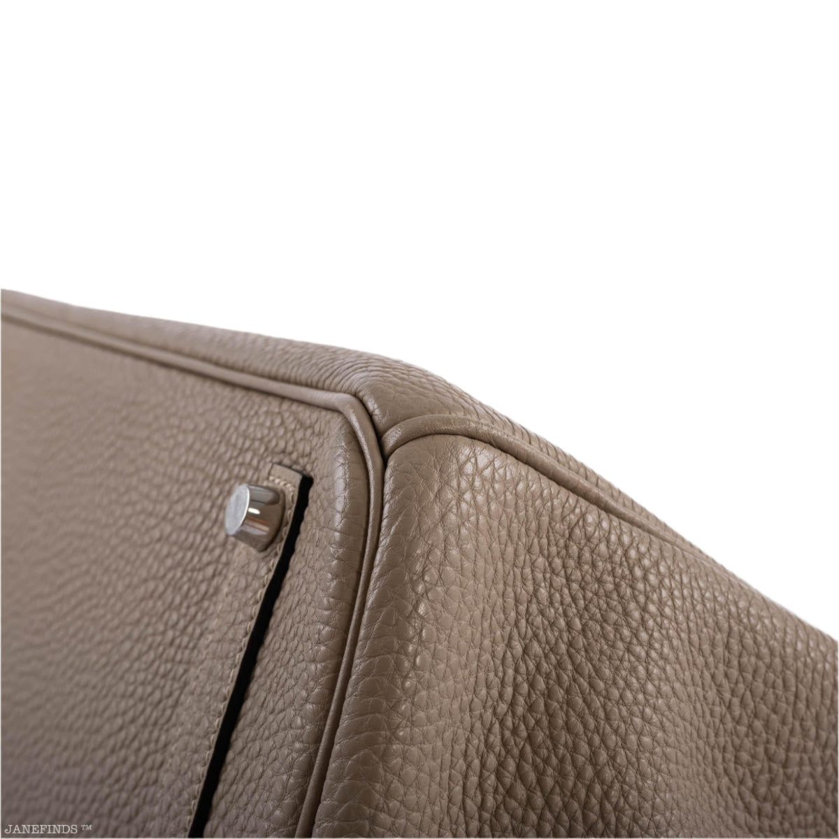 Hermes Birkin 35 Gris Tourterelle Togo with Palladium Hardware, Closeup showing Togo leather grain on Gris Tou