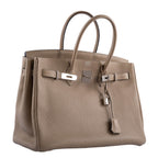 Hermes Birkin 35 Gris Tourterelle Togo with Palladium Hardware, Rolled handles and lock detail of Birkin 35 Gr
