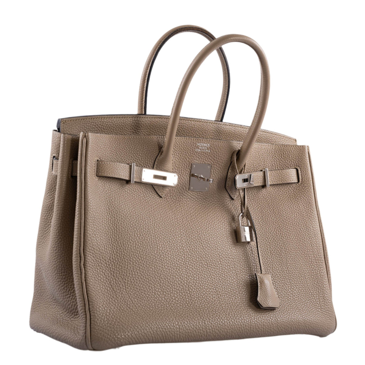 Hermes Birkin 35 Gris Tourterelle Togo with Palladium Hardware, Rolled handles and lock detail of Birkin 35 Gr