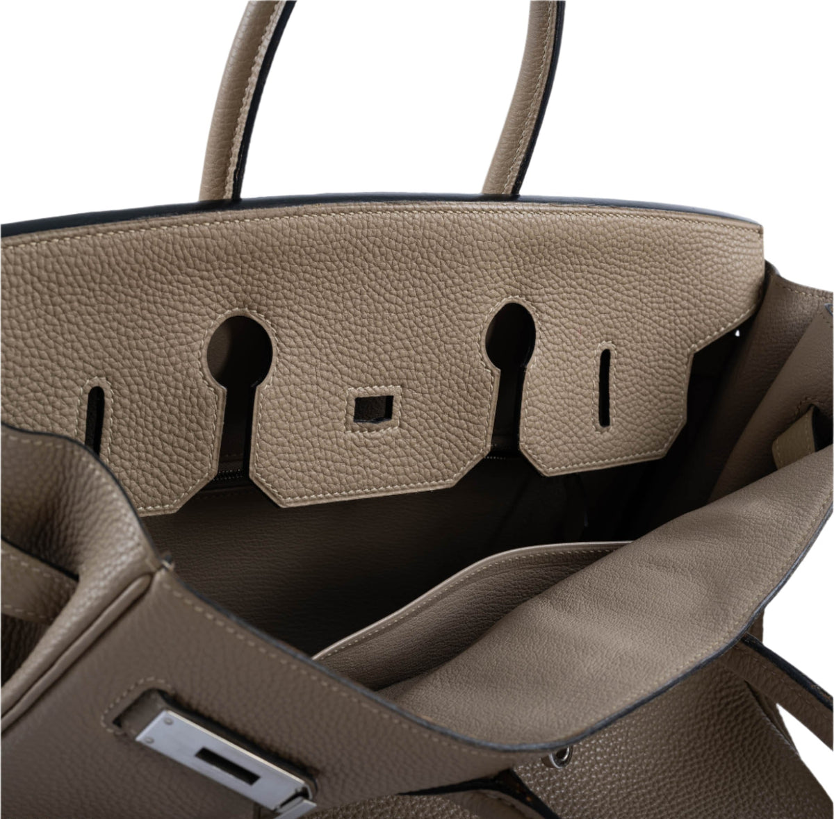 Hermes Birkin 35 Gris Tourterelle Togo with Palladium Hardware, saddle stitching on Birkin 35 handle base