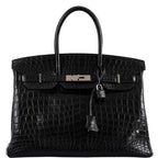 Front view of Hermes Birkin 35 in matte black Niloticus crocodile leather
