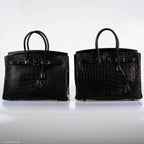 Flatlay of Hermes Birkin 35 SO BLACK with accessories including dustbag and lock