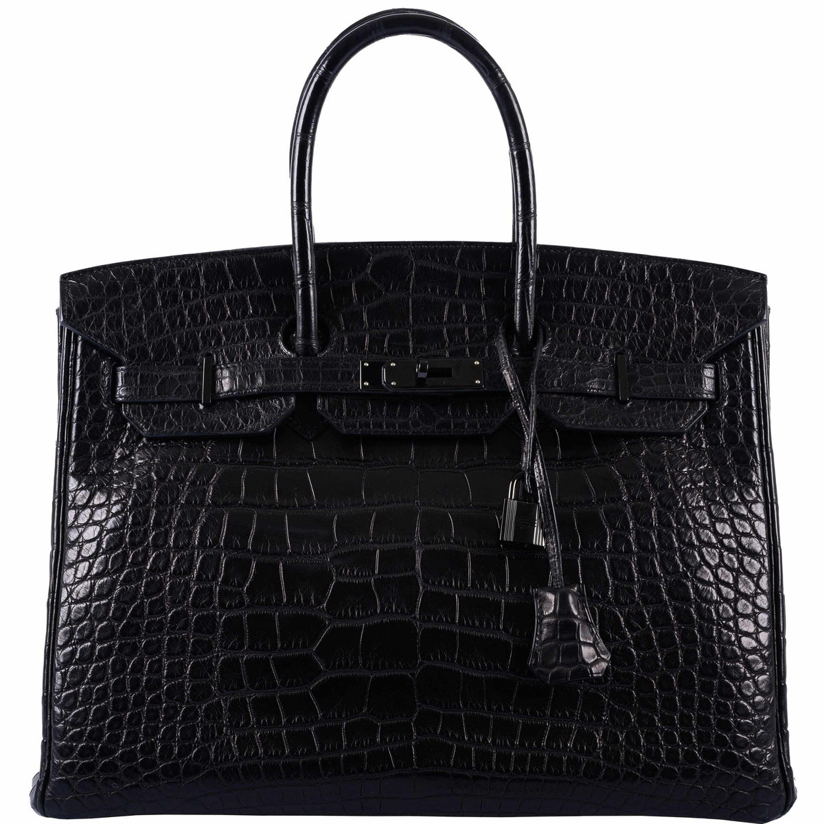 Full front view of Hermes Birkin 35 SO BLACK with matte alligator finish