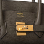 Hermes Vert de Gris Togo Birkin 35cm Gold Hardware, Birkin 35cm Vert de Gris styled on a model