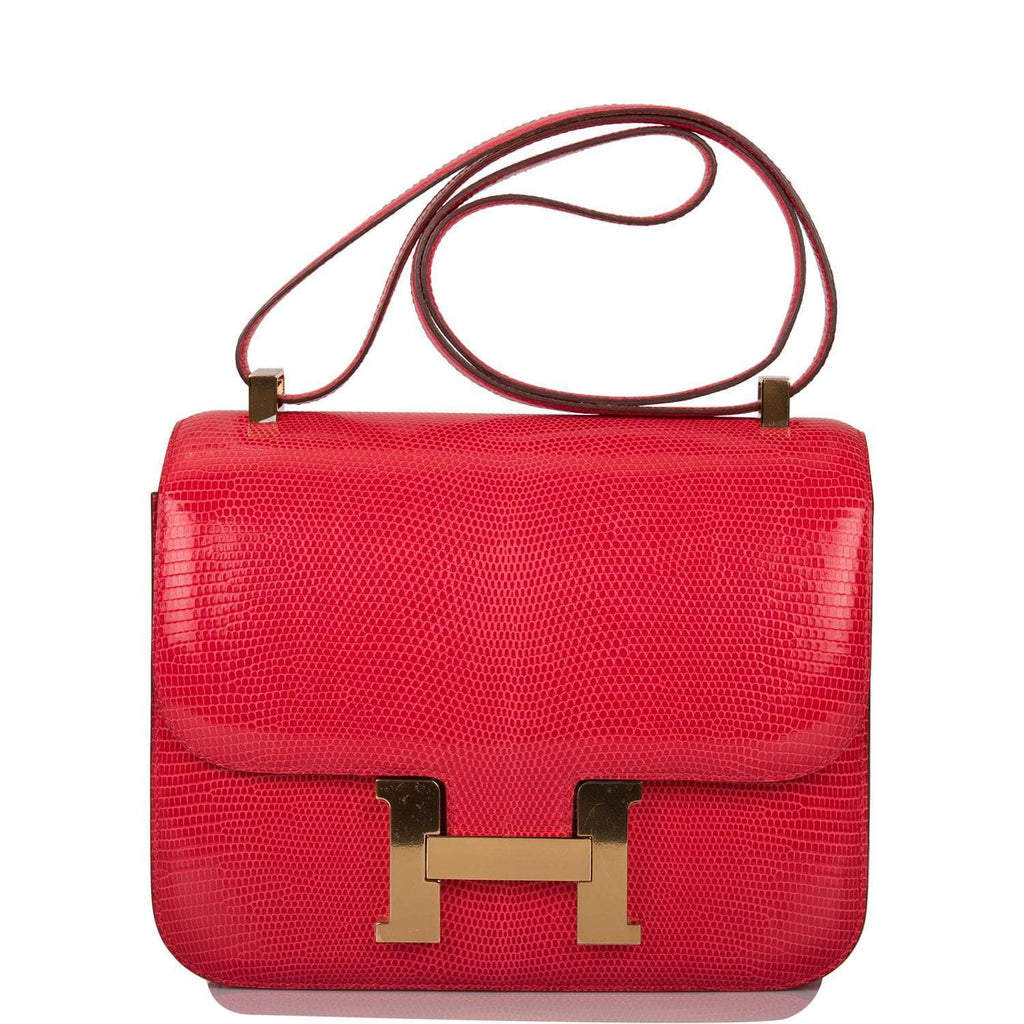 Front view of Hermes Constance 24 Rouge Exotique in lizard leather