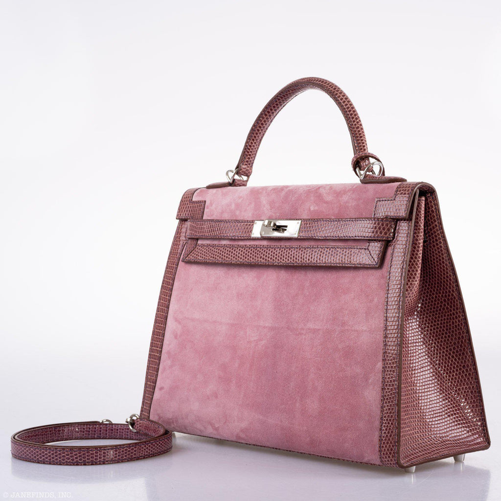 Hermes Unique HSS Kelly 32 Sellier Rose Indienne Doblis Suede & Mauve Lizard with Palladium Hardware - 2012, N Square - hardware detail